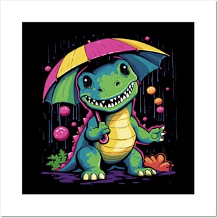 Dinosaur Rainy Day With Umbrella Posters and Art